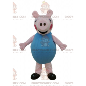 Roze varken BIGGYMONKEY™ mascottekostuum gekleed in blauw -