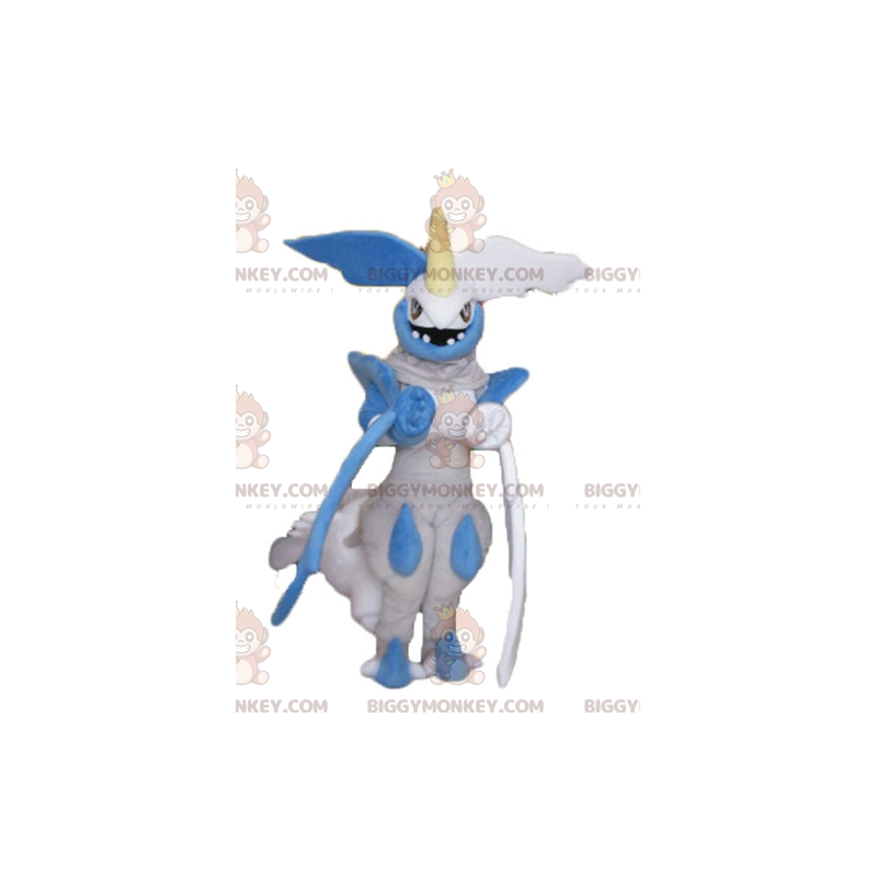 Traje de mascote de dragão cinza azul e branco com aparência