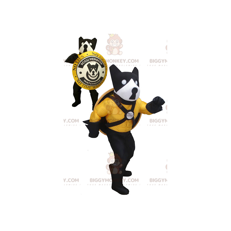 Traje de mascote BIGGYMONKEY™ cão preto amarelo e branco com