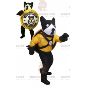 Costume de mascotte BIGGYMONKEY™ de chien noir jaune et blanc