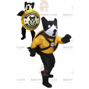 Traje de mascote BIGGYMONKEY™ cão preto amarelo e branco com