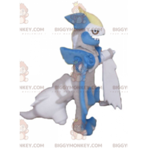 Traje de mascote de dragão cinza azul e branco com aparência