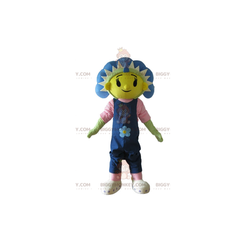 Costume da mascotte gigante blu giallo e verde fiore