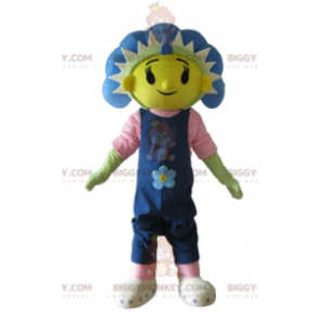 Disfraz de mascota BIGGYMONKEY™ con flor azul, amarilla y verde