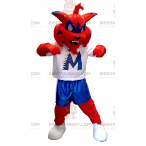 Costume de mascotte BIGGYMONKEY™ de chat rouge bleu et blanc -