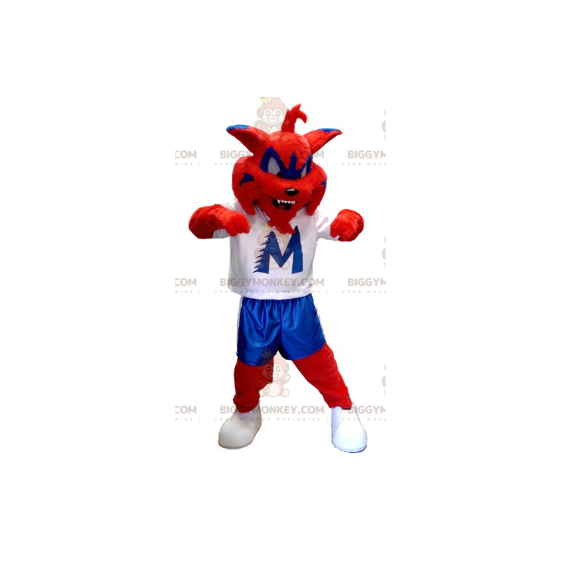 Costume de mascotte BIGGYMONKEY™ de chat rouge bleu et blanc -