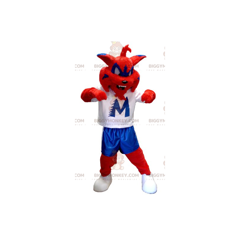 Kostým červeno-modré kočky BIGGYMONKEY™ maskota –