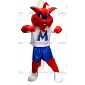 Costume da mascotte BIGGYMONKEY™ gatto rosso blu e bianco -