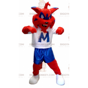Kostým červeno-modré kočky BIGGYMONKEY™ maskota –