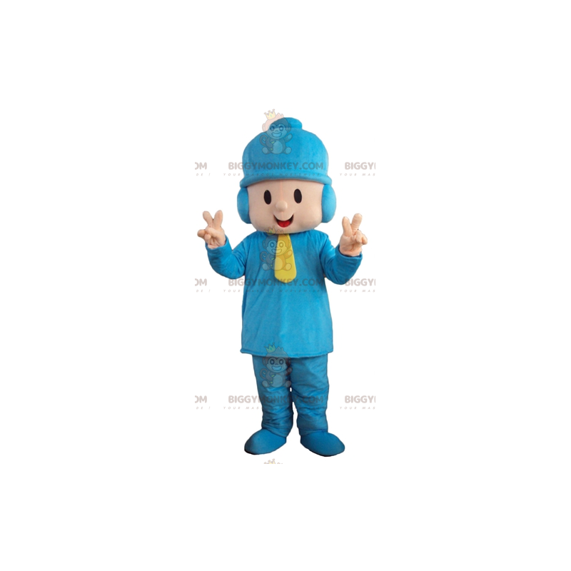 Boy BIGGYMONKEY™ Mascot Costume in Blue Outfit with Beanie –