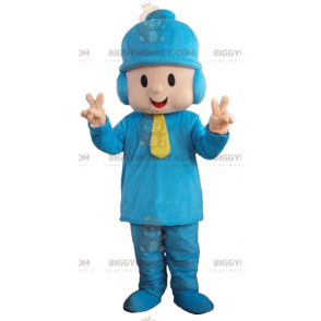 Boy BIGGYMONKEY™ Mascot Costume in Blue Outfit with Beanie –