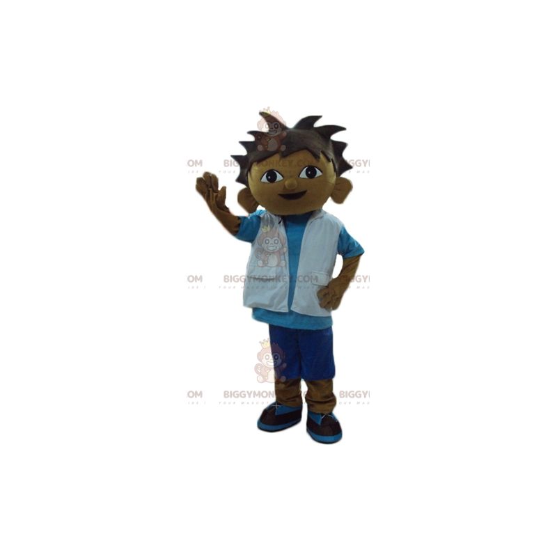 Kostým maskota BIGGYMONKEY™ smíšené rasy chlapce v modrobílém