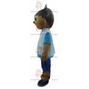 Kostým maskota BIGGYMONKEY™ smíšené rasy chlapce v modrobílém
