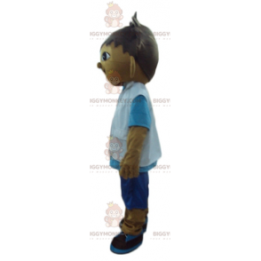 Mixed race boy BIGGYMONKEY™ mascot costume in blue and white