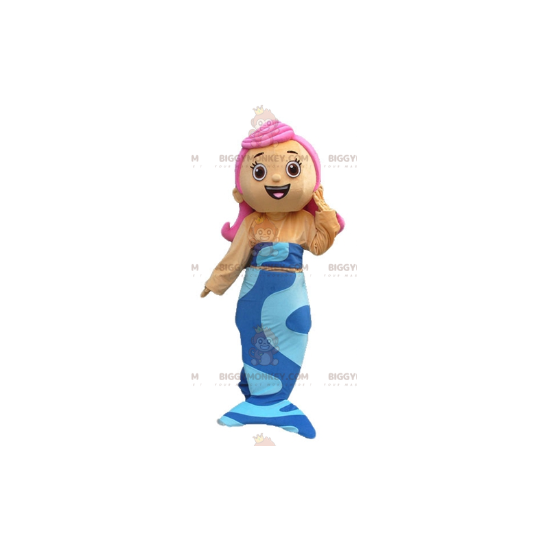 BIGGYMONKEY™ Maskotdräkt av Pretty Blue Mermaid med rosa hår -