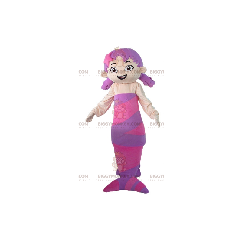 Linda e feminina fantasia de mascote de sereia rosa e roxa