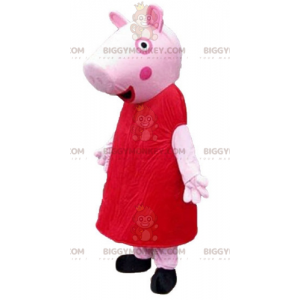 BIGGYMONKEY™ Pink Pig Mascot Costume Wearing Red Dress –