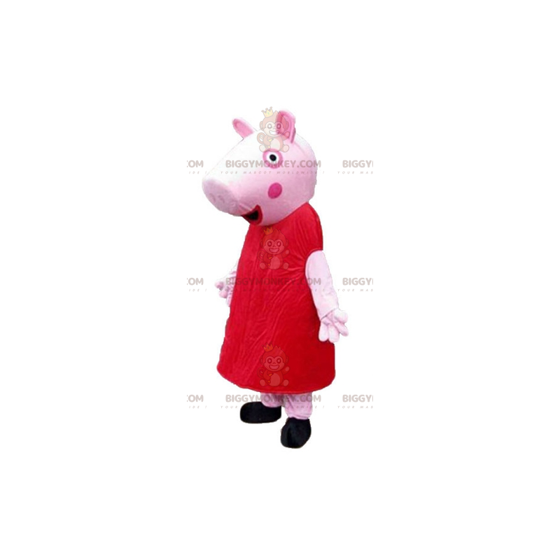 BIGGYMONKEY™ Κοστούμι μασκότ ροζ γουρουνιού με κόκκινο φόρεμα -