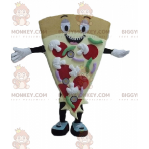 Farverigt smilende kæmpe pizzaskive BIGGYMONKEY™ maskotkostume