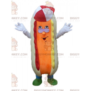 Colorido y divertido disfraz de mascota de hot dog beige y