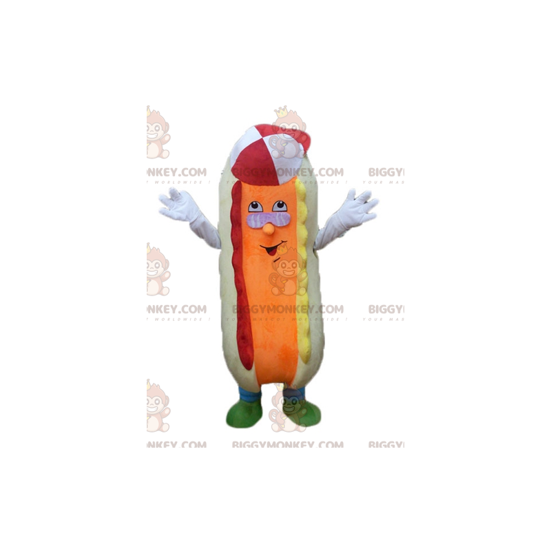 Kolorowy i zabawny beżowo-pomarańczowy kostium maskotka hot dog