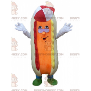 Colorful and funny beige and orange hot dog BIGGYMONKEY™ mascot