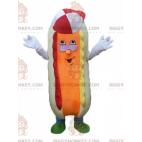 Colorido y divertido disfraz de mascota de hot dog beige y