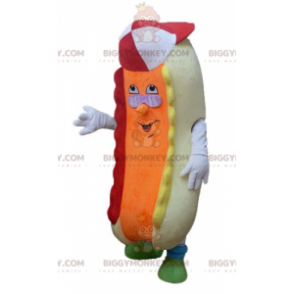 Colorful and funny beige and orange hot dog BIGGYMONKEY™ mascot