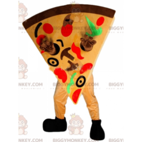 Velmi barevný kostým maskota BIGGYMONKEY™ s obřím plátkem pizzy