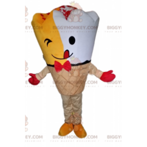Kostým maskota BIGGYMONKEY™ ve žlutobílém obřím kuželu zmrzliny