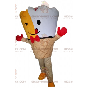 Kostým maskota BIGGYMONKEY™ ve žlutobílém obřím kuželu zmrzliny