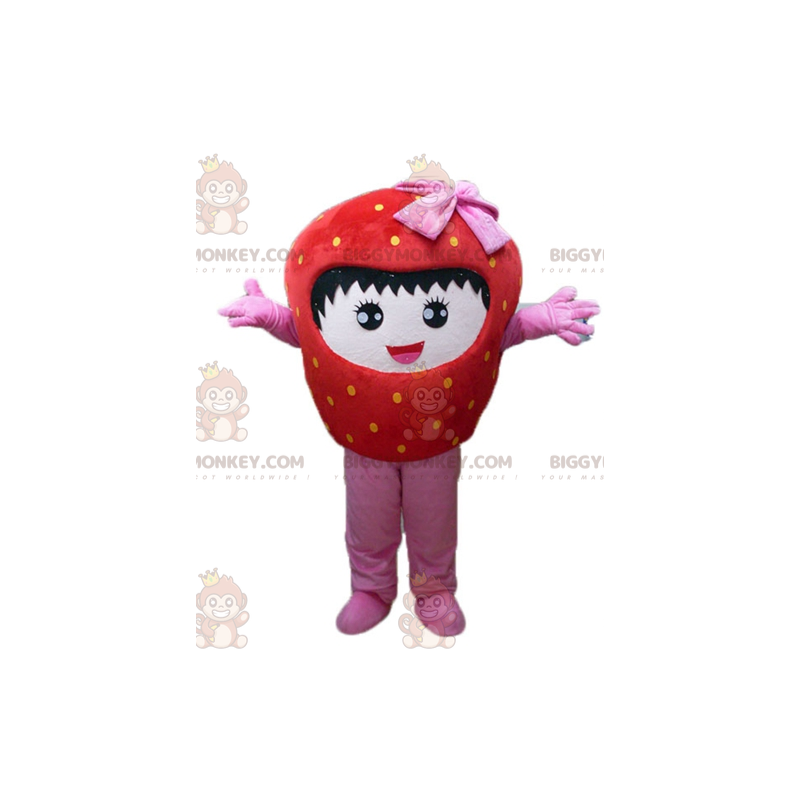 Leende jätte röd och rosa jordgubb BIGGYMONKEY™ maskotdräkt -