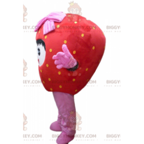Kostium maskotka uśmiechnięta czerwono-różowa truskawka
