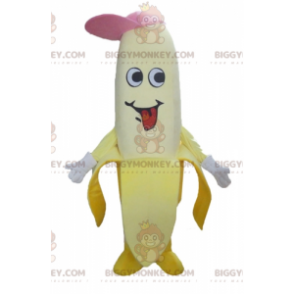BIGGYMONKEY™ Maskotdräkt Jättegul banan med rosa mössa -
