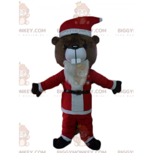BIGGYMONKEY™ Brown Beaver Mascot Costume In Santa Outfit –