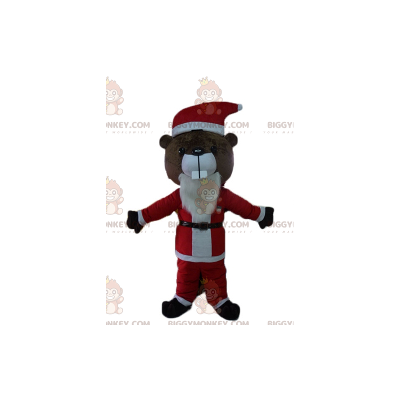 BIGGYMONKEY™ Brown Beaver Mascot Costume In Santa Outfit –