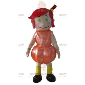 BIGGYMONKEY™ maskottiasu Punahiuksinen tyttö oranssilla mekolla