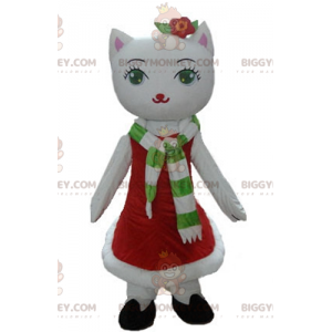 White Cat BIGGYMONKEY™ Mascot Costume With Christmas Dress –