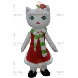 Witte kat BIGGYMONKEY™ mascottekostuum met kerstjurk -