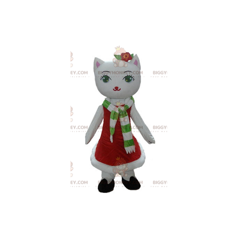 White Cat BIGGYMONKEY™ Mascot Costume With Christmas Dress –