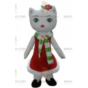 Kostým maskota bílé kočky BIGGYMONKEY™ s vánočními šaty –