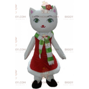 Witte kat BIGGYMONKEY™ mascottekostuum met kerstjurk -