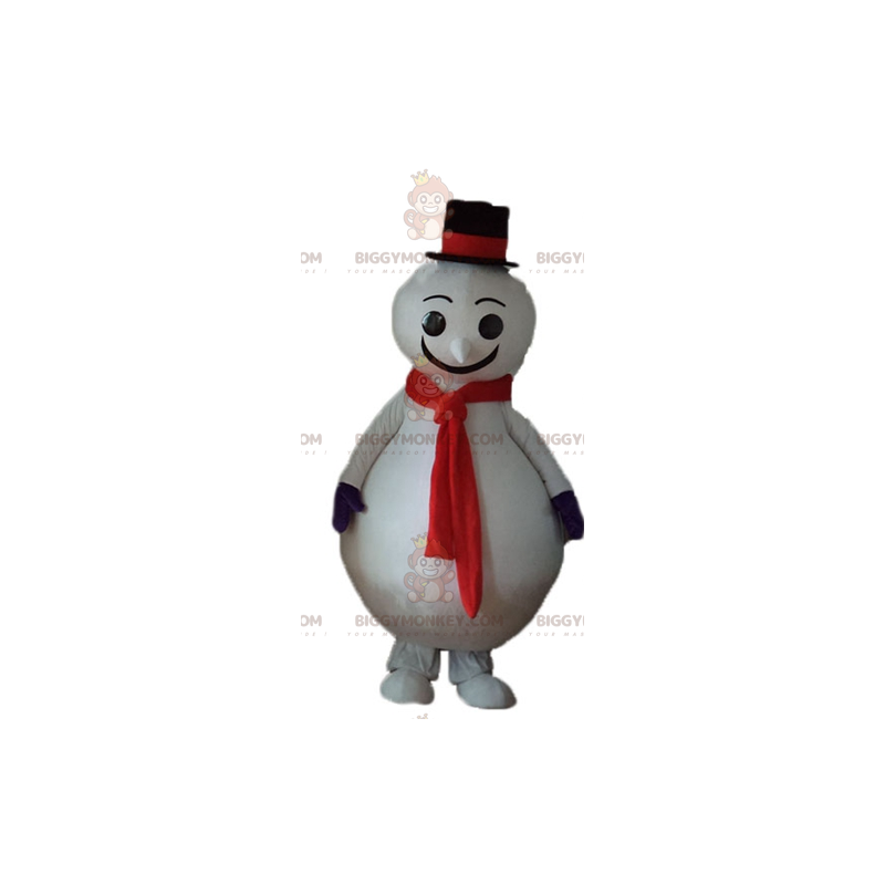 Traje de mascote de boneco de neve vermelho e preto grande