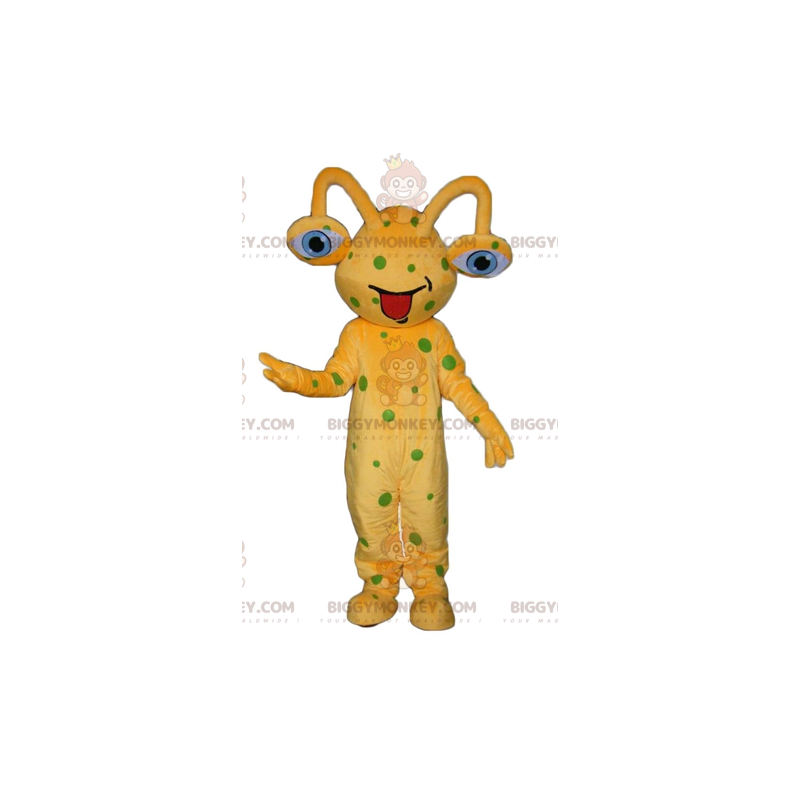 BIGGYMONKEY™ Gelbes Alien-Maskottchen-Kostüm mit grünen Punkten