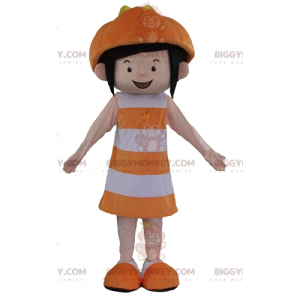 BIGGYMONKEY™ Mascot Costume of Smiling Girl in Orange and White
