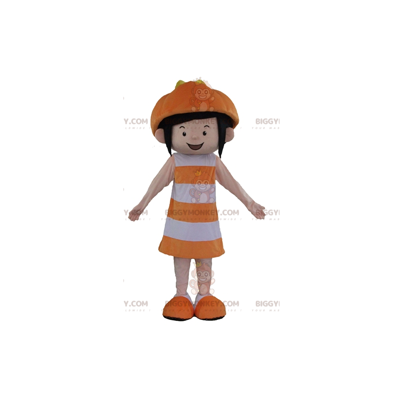 BIGGYMONKEY™ maskotdräkt av leende flicka i orange och vit
