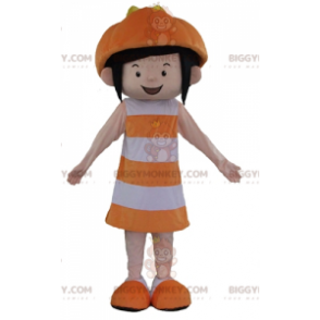 BIGGYMONKEY™ maskotdräkt av leende flicka i orange och vit