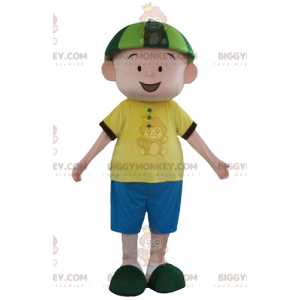 Dreng BIGGYMONKEY™ maskotkostume i blåt og gult outfit med grøn