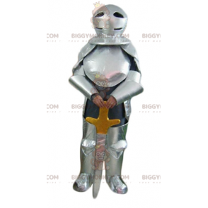 Knight BIGGYMONKEY™ Mascot Costume with Silver Armor and Sword