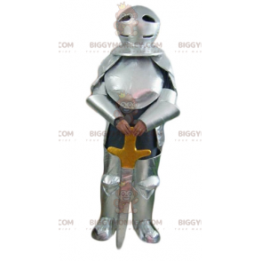 Knight BIGGYMONKEY™ Maskottchenkostüm mit silberner Rüstung und